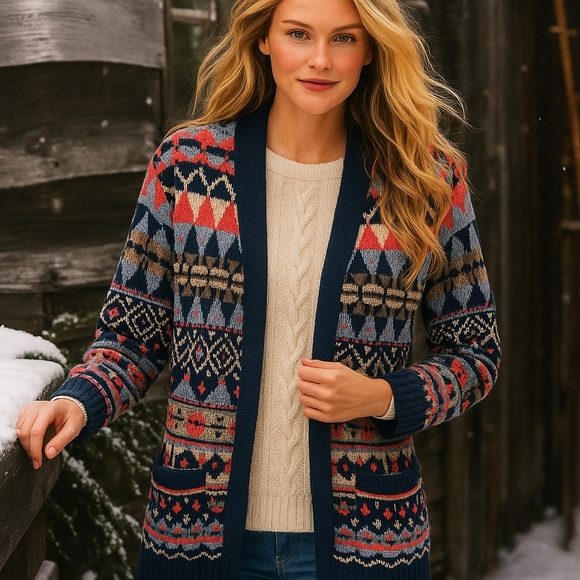 L.L. Bean Fair Isle Cardigan Sweater Women L Cotton Nordic...